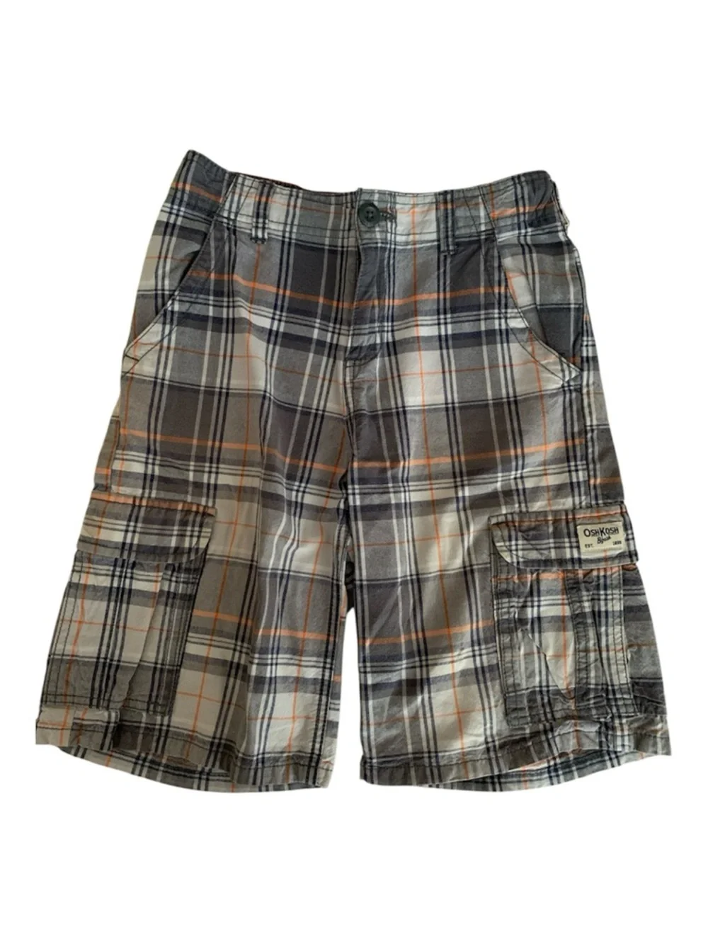 OshKosh B'Gosh Shorts Boy 7X Gray Blue Plaid Cargo Flat Front Pockets Adjustable